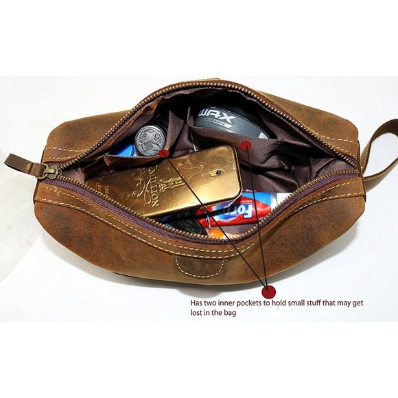 Top Grain Buffalo Leather Toiletry Bag Waterproof Dopp Kit Shaving Grooming bag - Picture 5 of 6